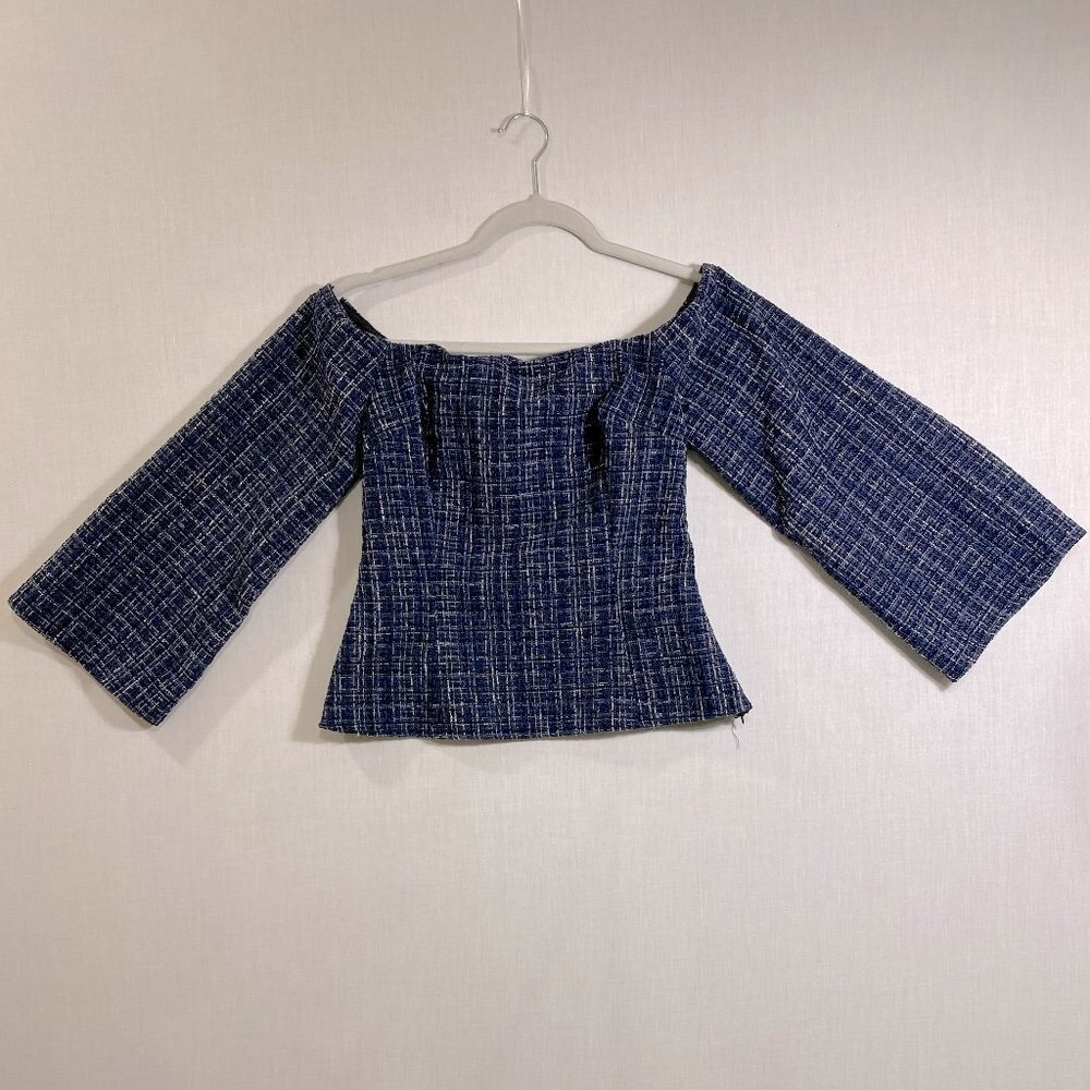 Zara Textured Tweed Off Shoulder Fitted Flare Sleeve Top - Sz. S - Blue/White